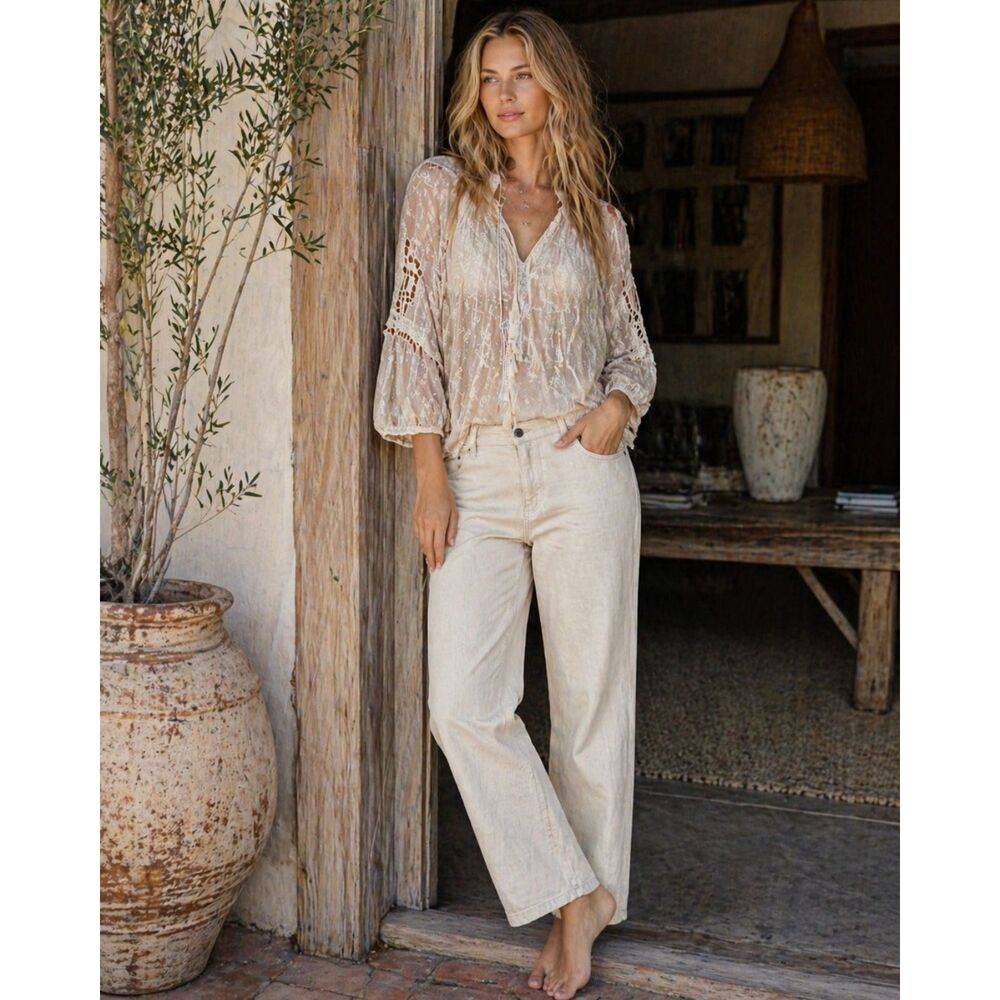 LYKKE WULLF Cream 100% Cotton Straight Pants Trousers  Women's Size 8